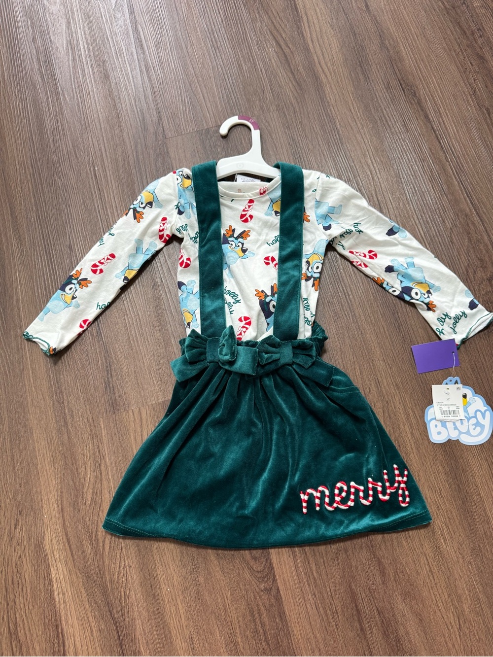 Christmas Bluey Green Velvet Pinafore Skirt Dress with Long Sleeves Top